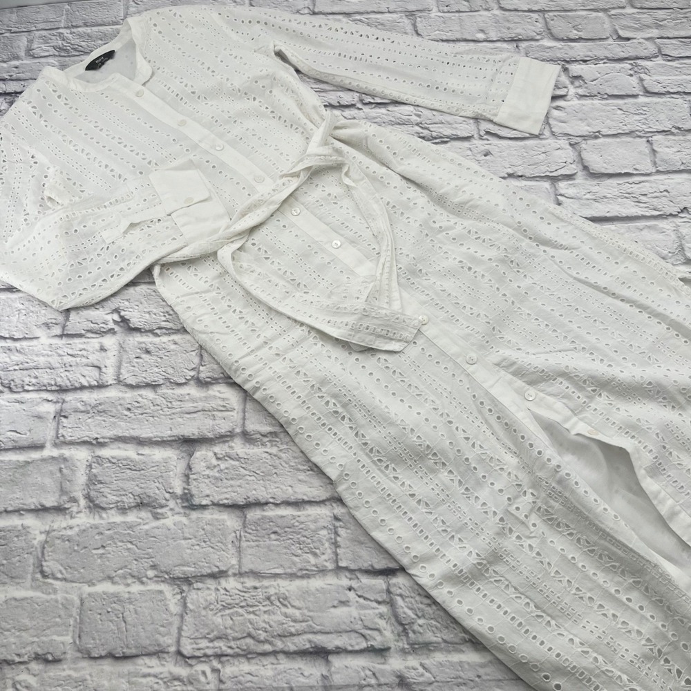Max Womens White Eyelet Lace Midi Dress Long Sleeve Tie Waist Size XS